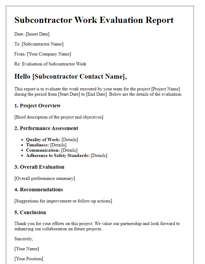 Letter template of subcontractor work evaluation report