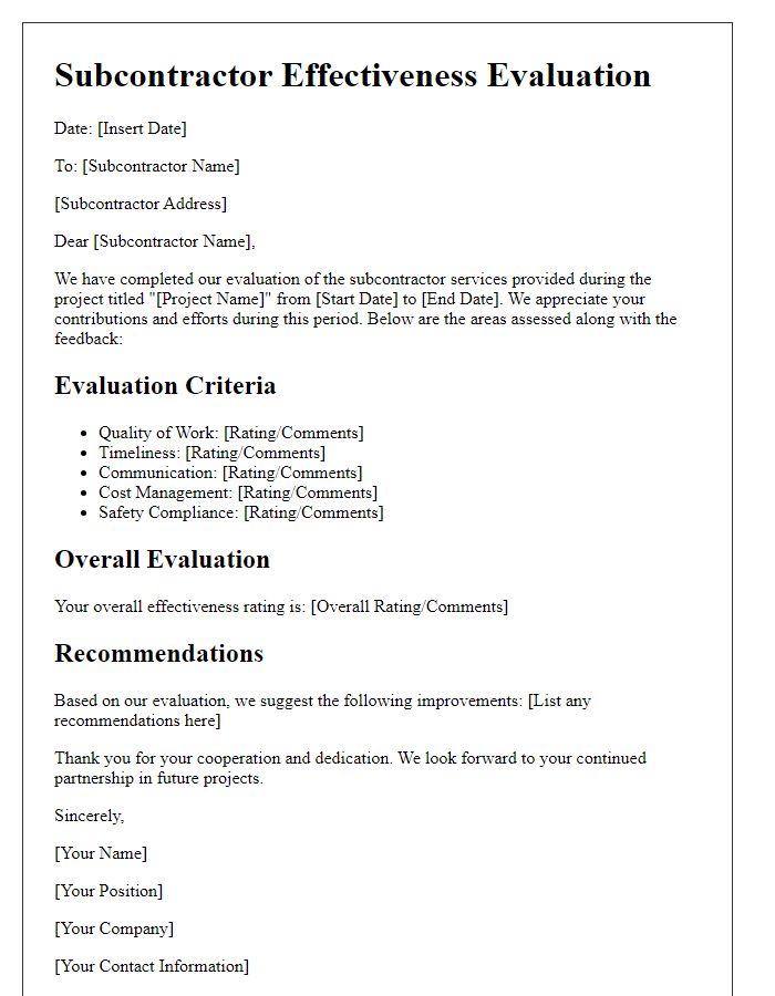 Letter template of subcontractor effectiveness evaluation