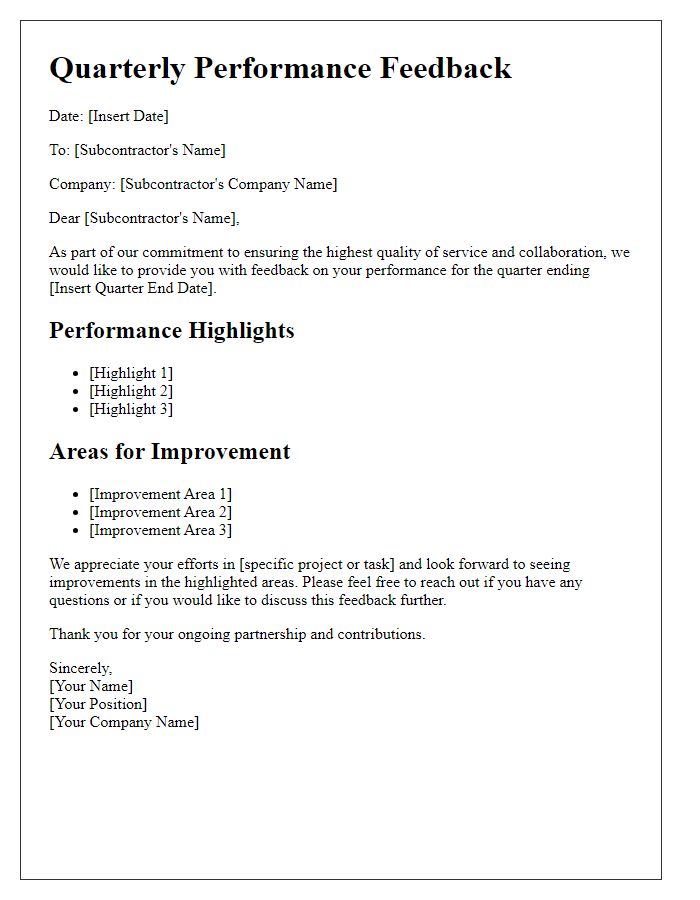 Letter template of subcontractor feedback for quarterly performance