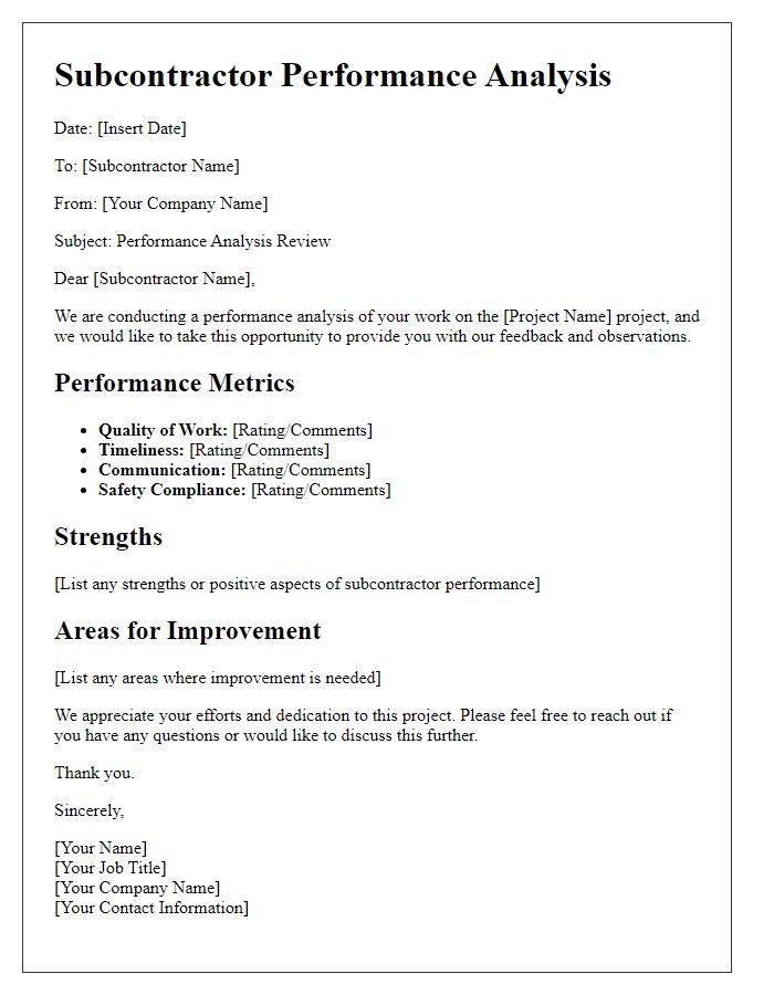 Letter template of subcontractor performance analysis