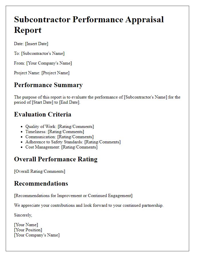 Letter template of subcontractor performance appraisal report