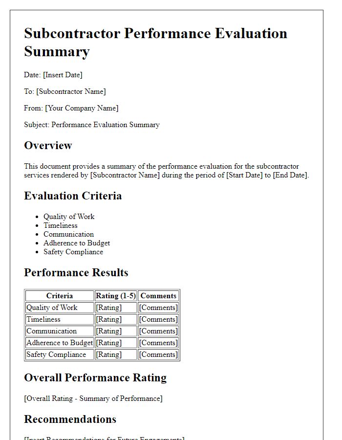 Letter template of subcontractor performance evaluation summary