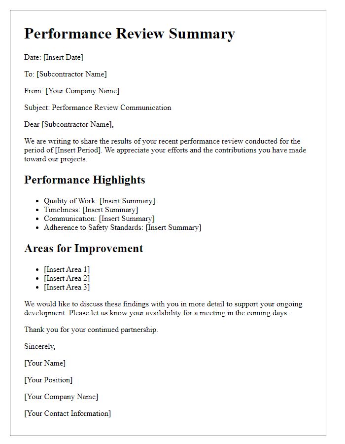 Letter template of subcontractor performance review communication