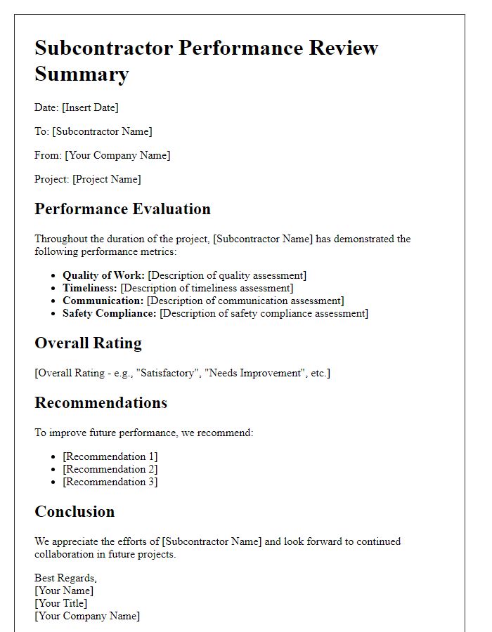 Letter template of subcontractor performance review summary