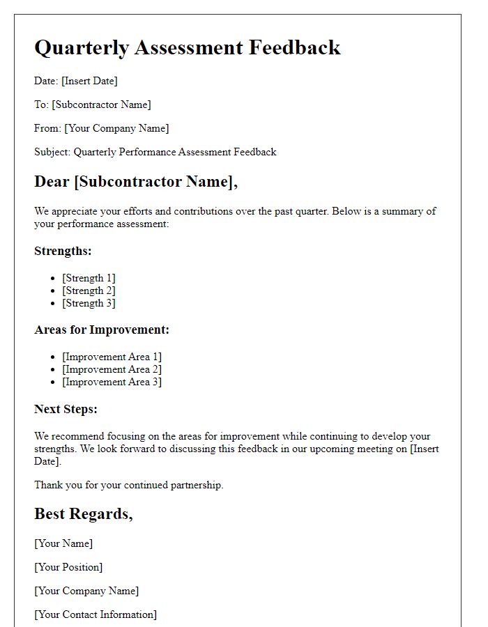 Letter template of subcontractor quarterly assessment feedback