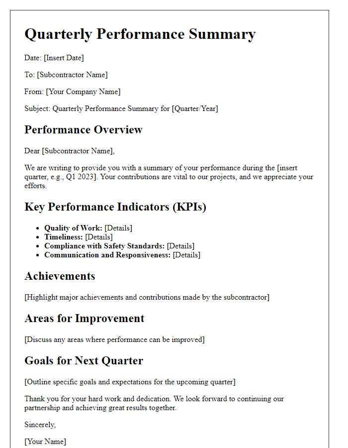 Letter template of subcontractor quarterly performance summary