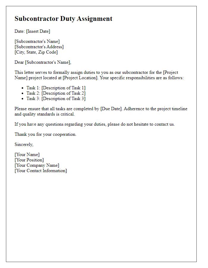 Letter template of subcontractor duty assignment