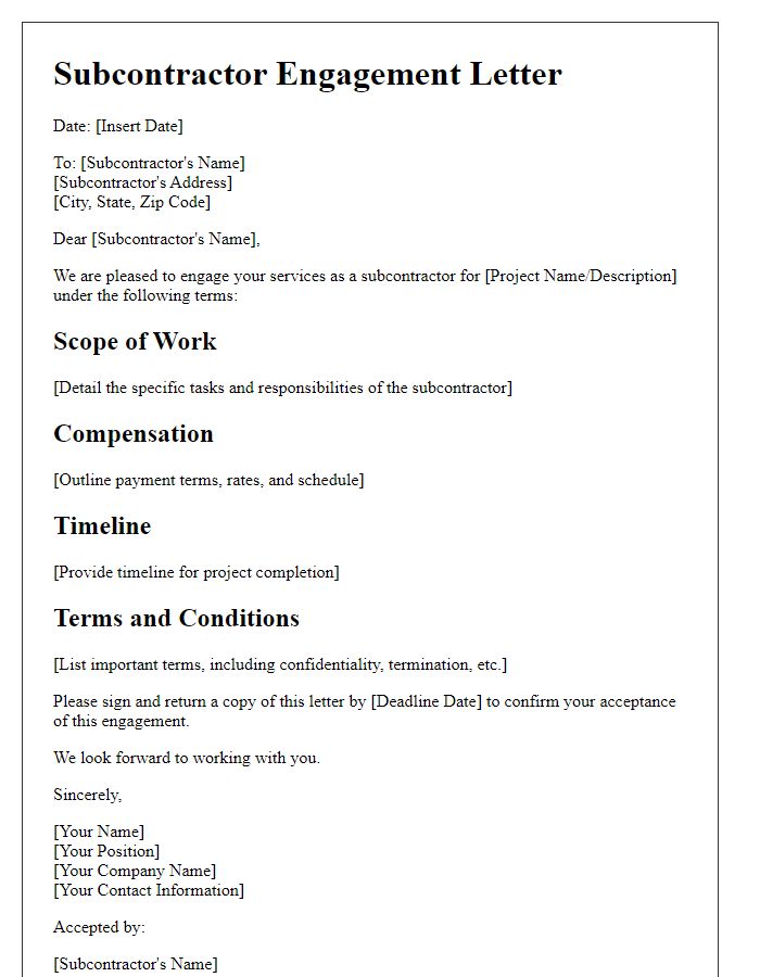 Letter template of subcontractor engagement outline