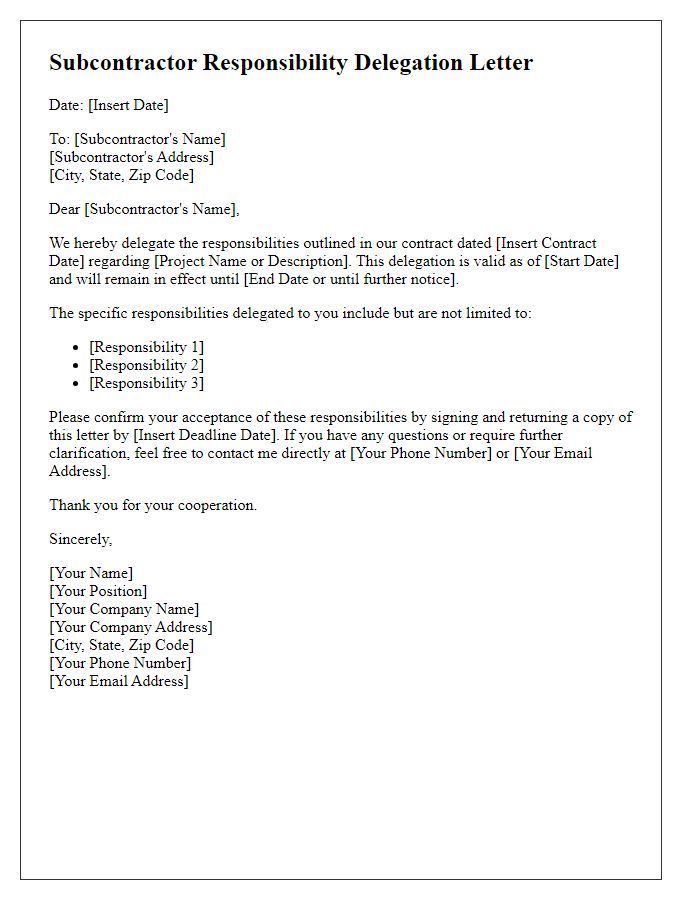 Letter template of subcontractor responsibility delegation