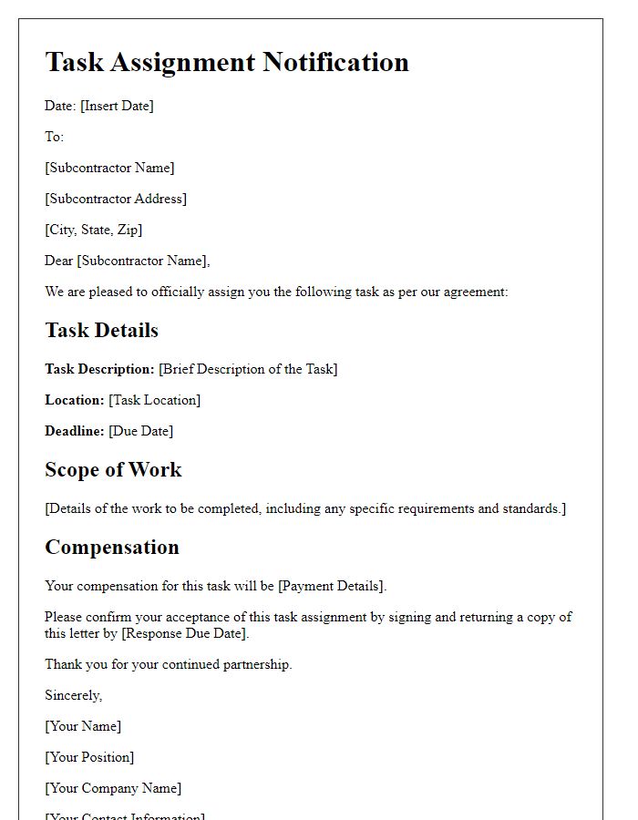 Letter template of subcontractor task assignment