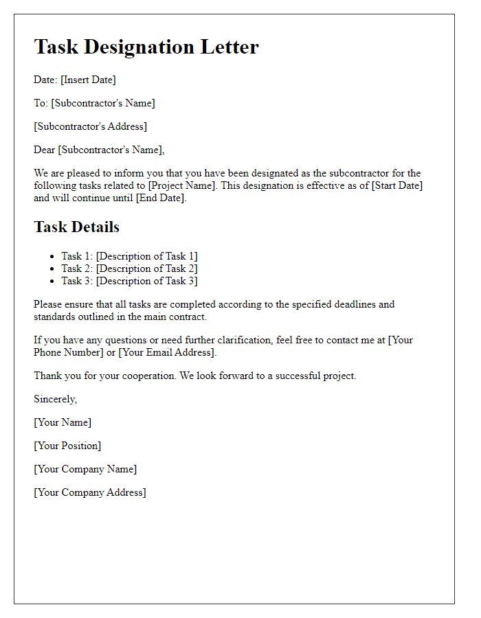 Letter template of subcontractor task designation