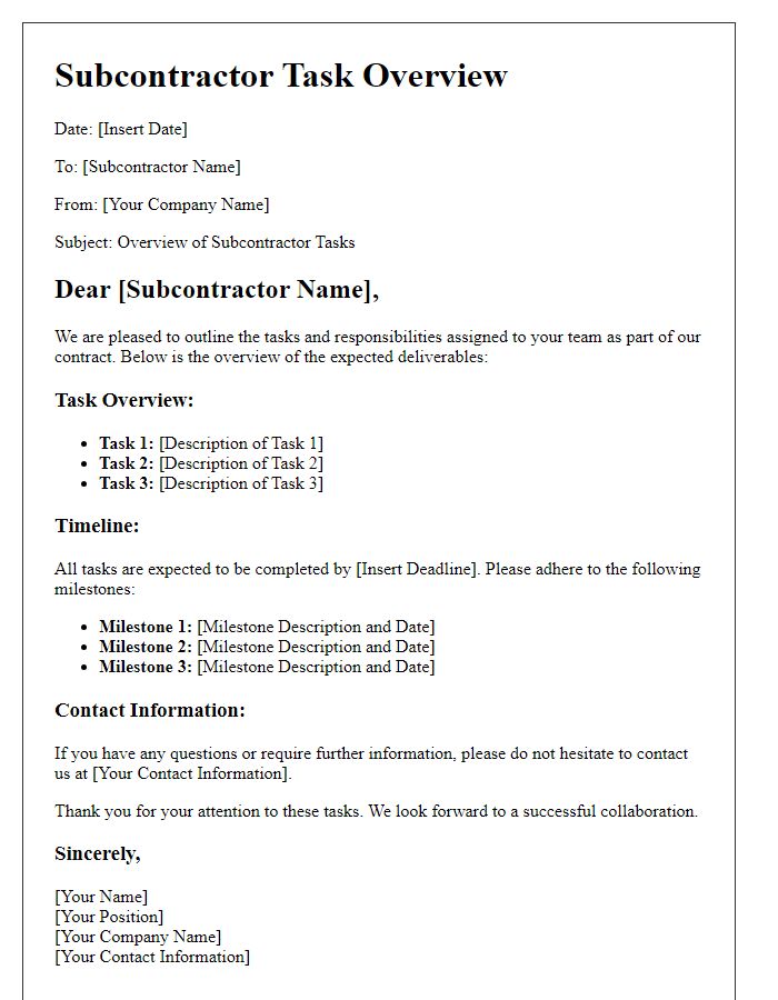 Letter template of subcontractor task overview