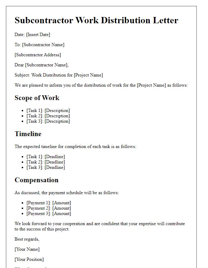 Letter template of subcontractor work distribution