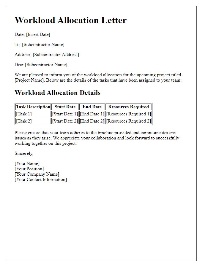 Letter template of subcontractor workload allocation