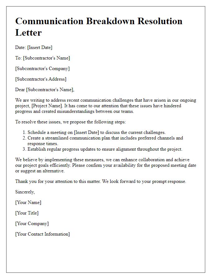 Letter template of subcontractor communication breakdown resolution