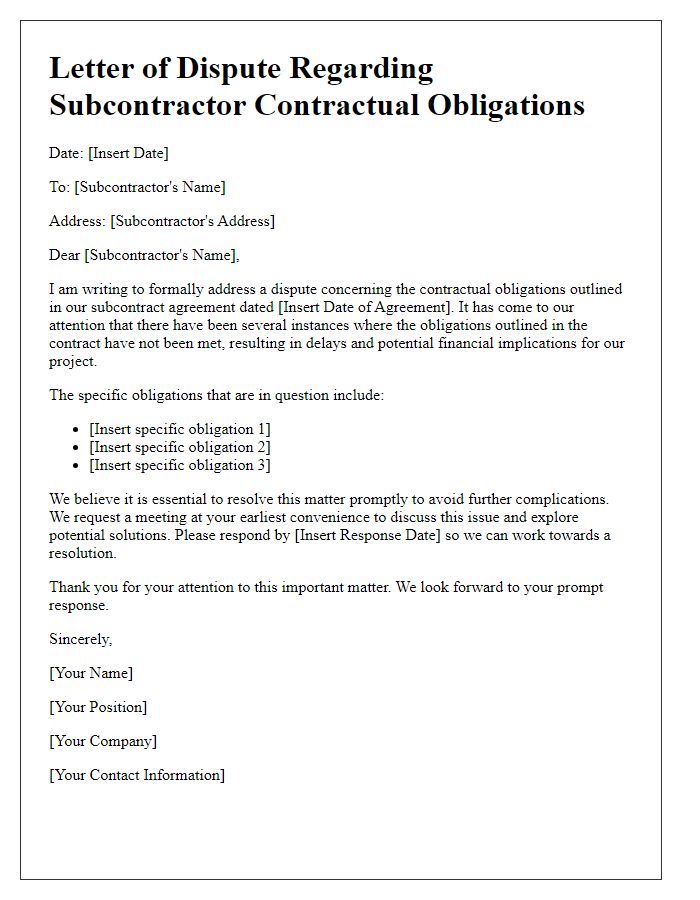 Letter template of subcontractor contractual obligations dispute