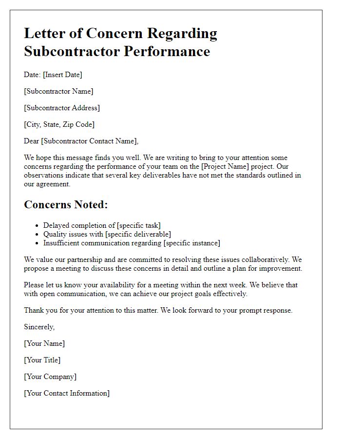 Letter template of subcontractor performance concern resolution