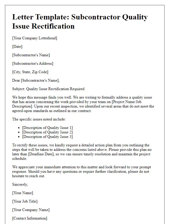 Letter template of subcontractor quality issue rectification