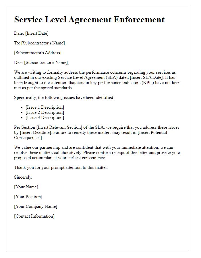 Letter template of subcontractor service level agreement enforcement