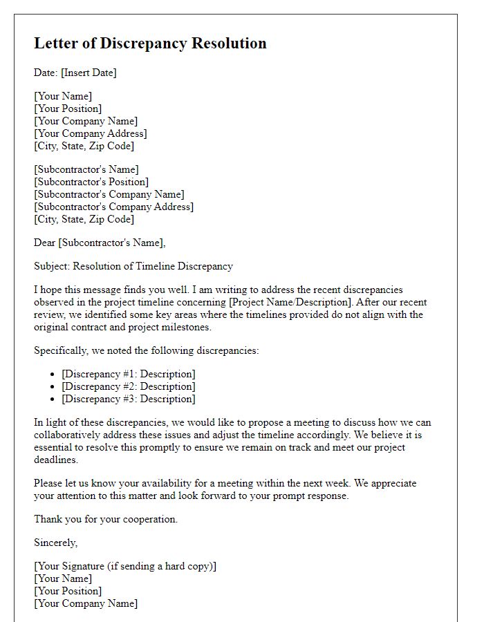 Letter template of subcontractor timeline discrepancy resolution