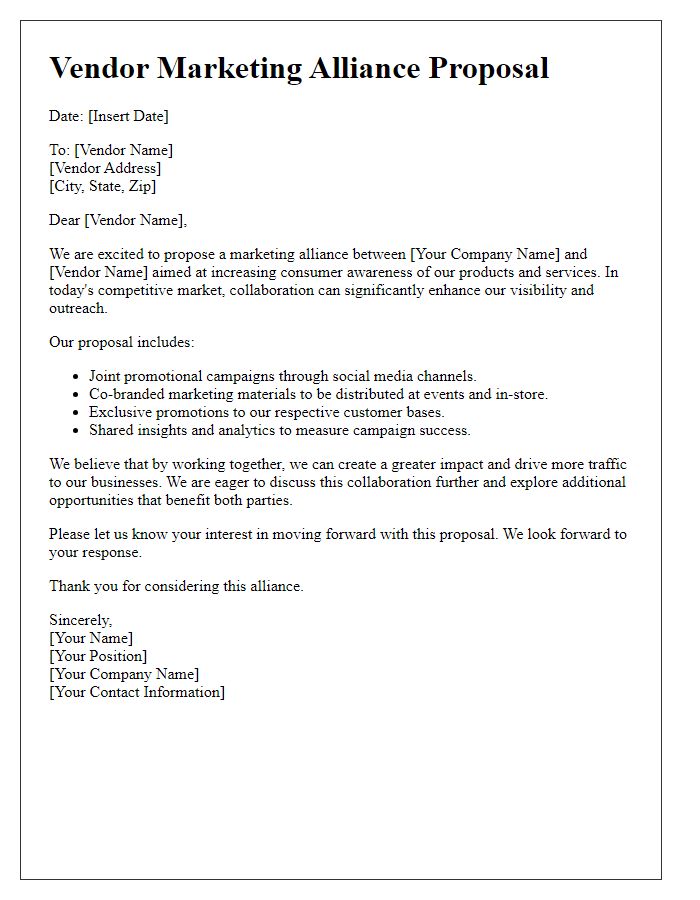 Letter template of vendor marketing alliance for increased consumer awareness