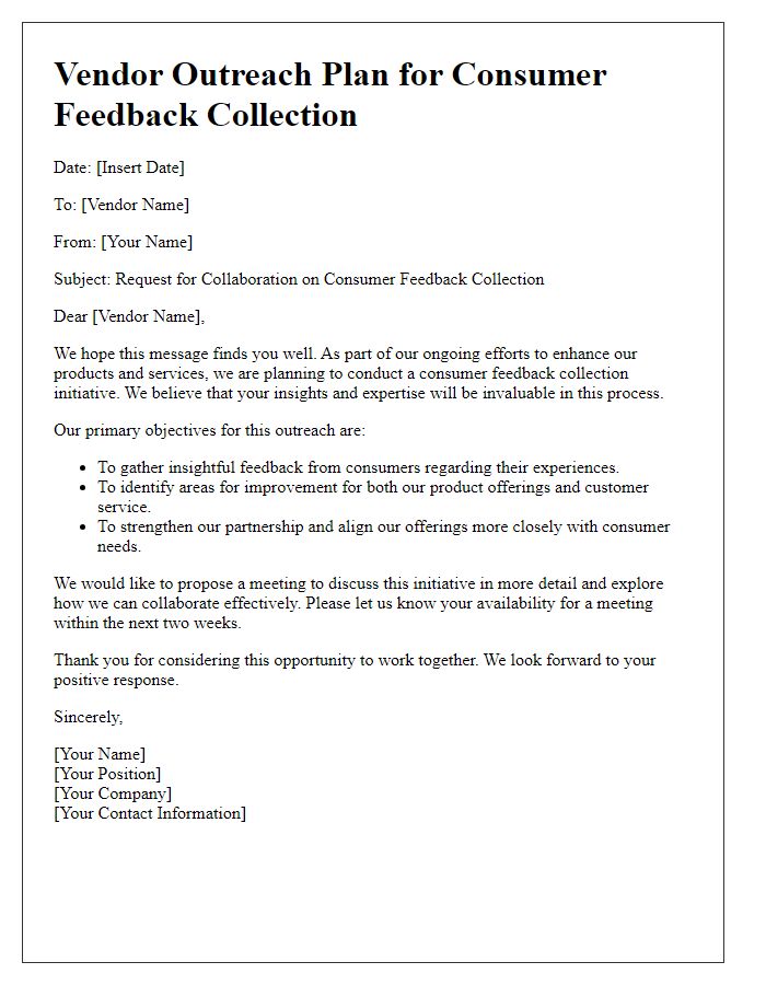 Letter template of vendor outreach plan for consumer feedback collection