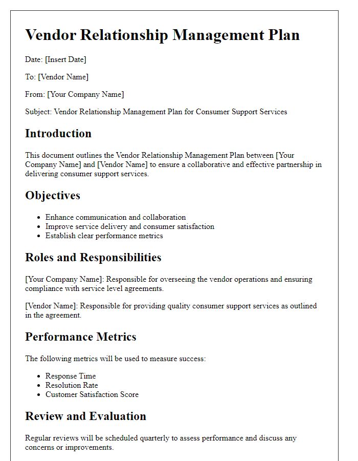 Letter template of vendor relationship management plan for consumer support services