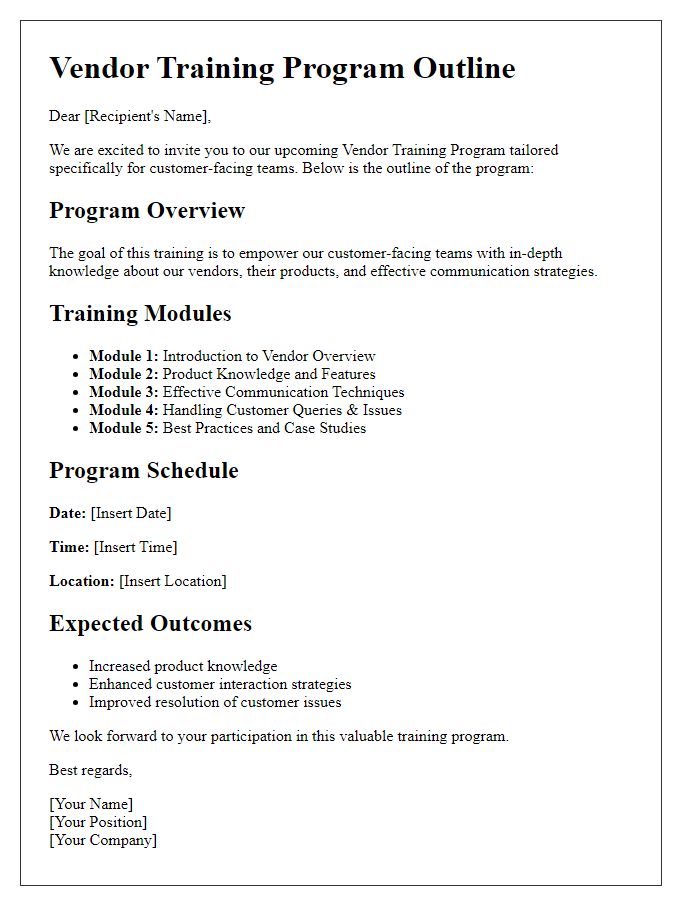 Letter template of vendor training program outline for customer-facing teams