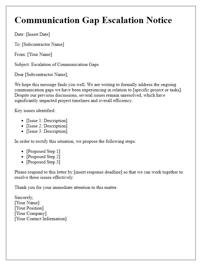 Letter template of subcontractor communication gap escalation