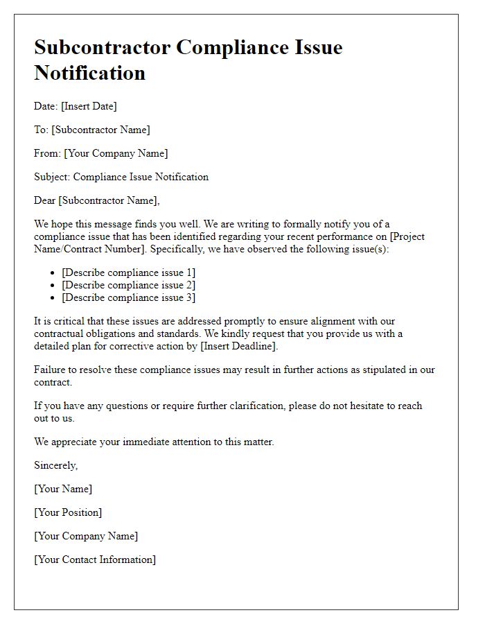 Letter template of subcontractor compliance issue notification