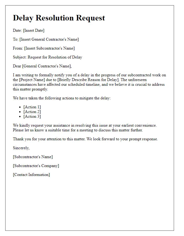 Letter template of subcontractor delay resolution request