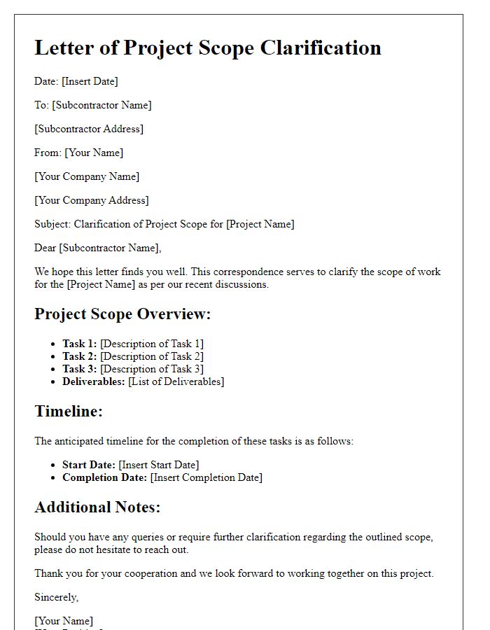 Letter template of subcontractor project scope clarification