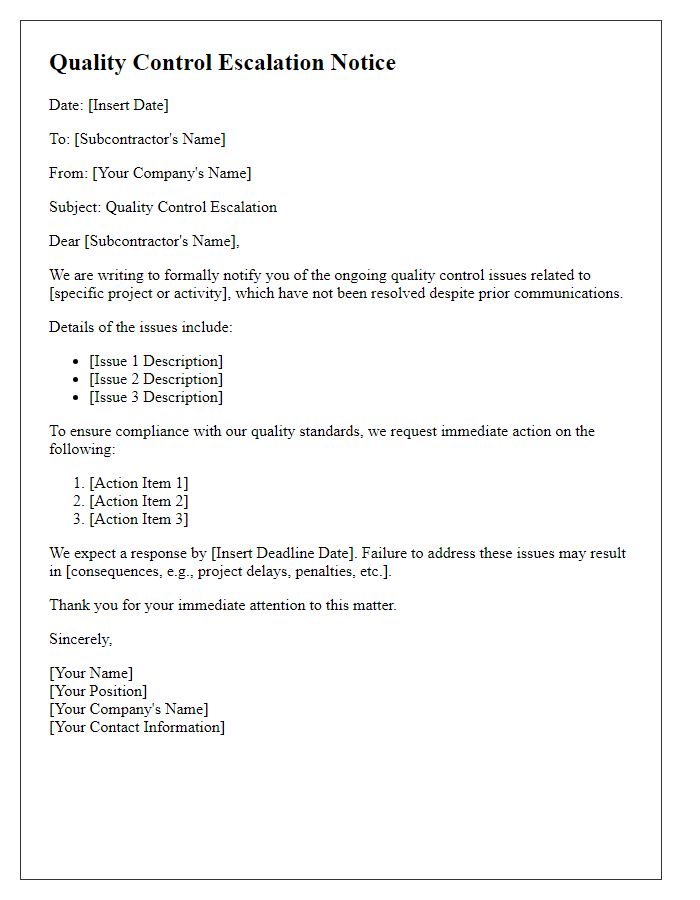 Letter template of subcontractor quality control escalation