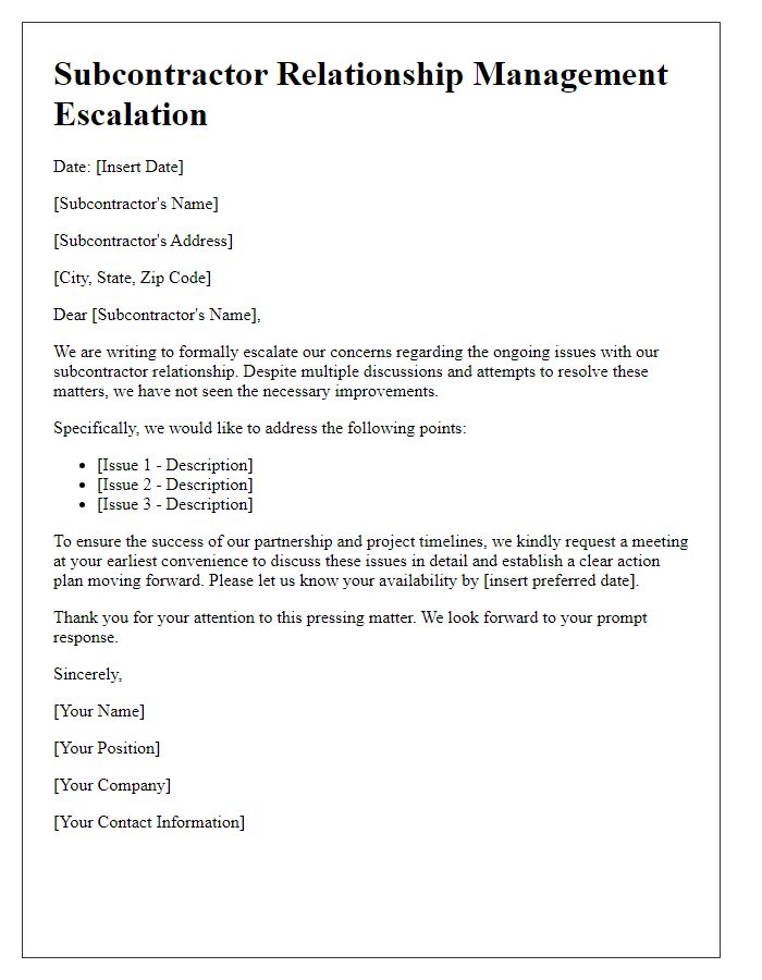 Letter template of subcontractor relationship management escalation