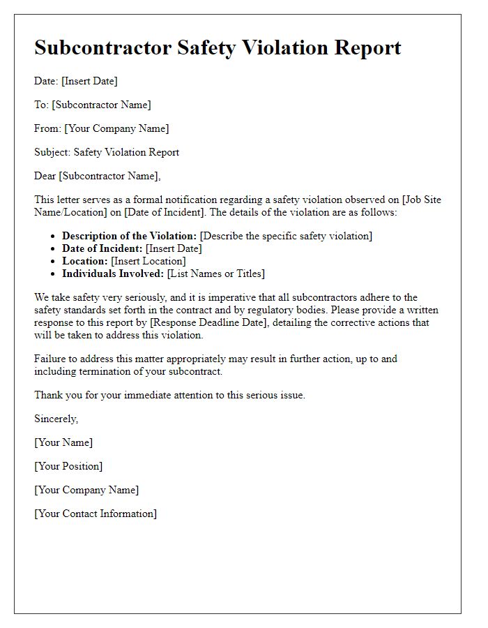 Letter template of subcontractor safety violation report