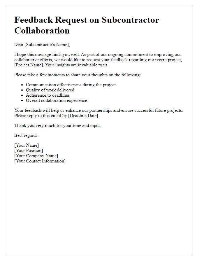 Letter template of subcontractor collaboration feedback request.