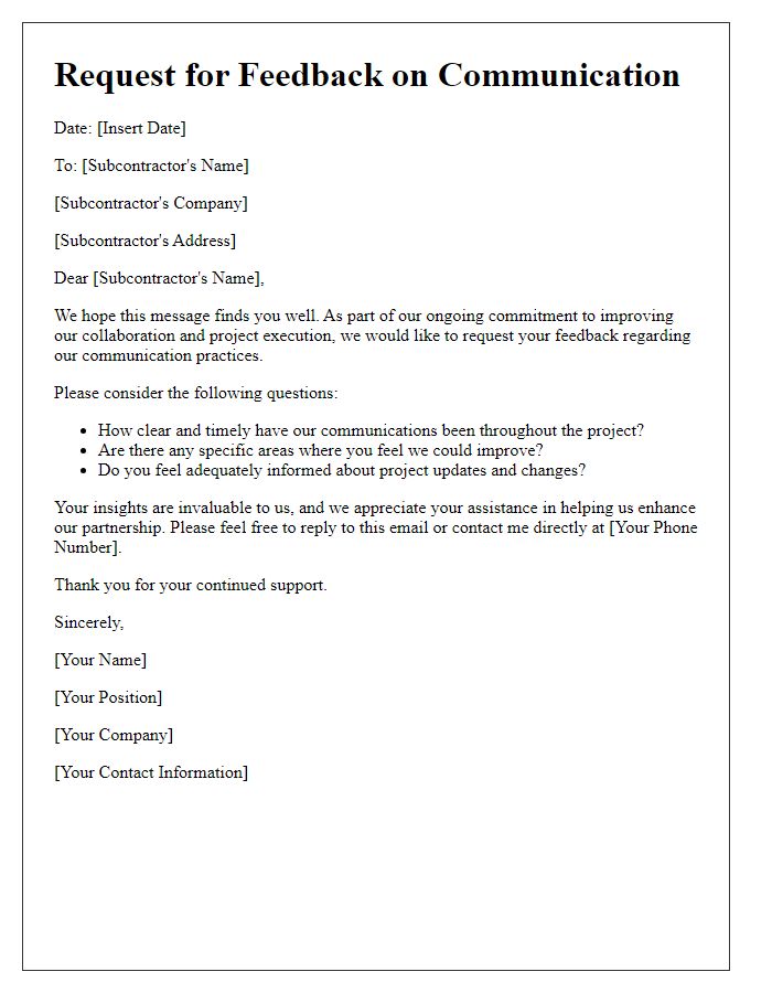 Letter template of subcontractor communication feedback request.