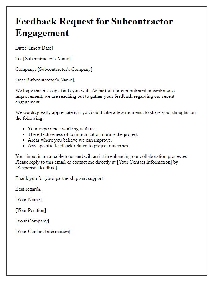 Letter template of subcontractor engagement feedback request.