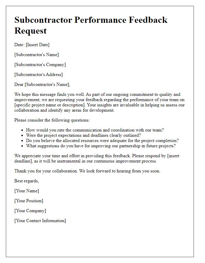 Letter template of subcontractor performance feedback request.