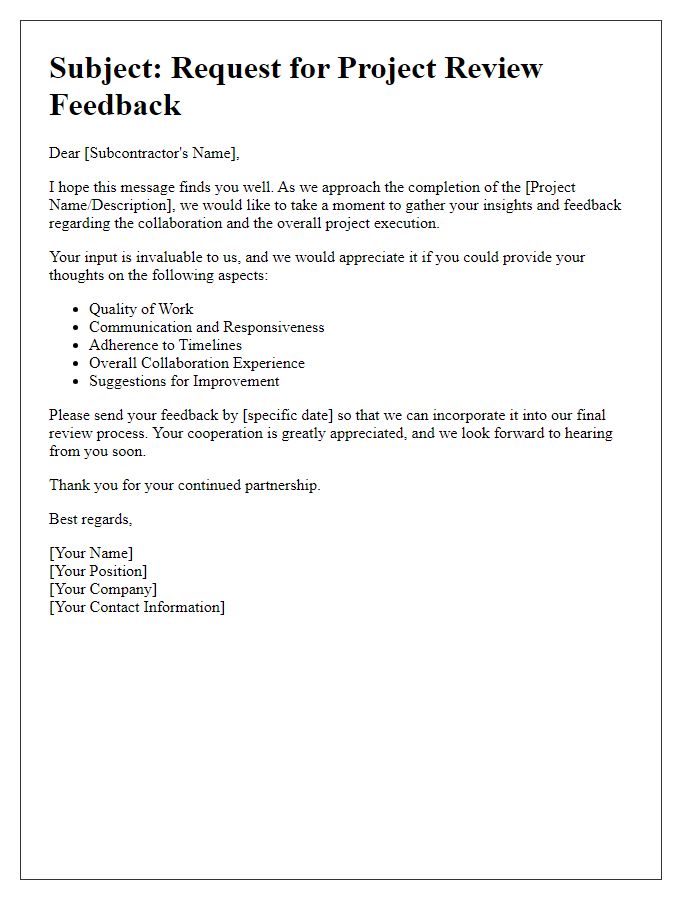 Letter template of subcontractor project review feedback request.