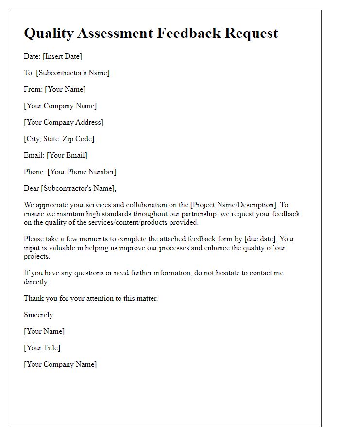 Letter template of subcontractor quality assessment feedback request.