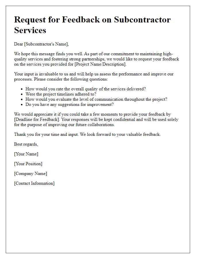 Letter template of subcontractor service review feedback request.