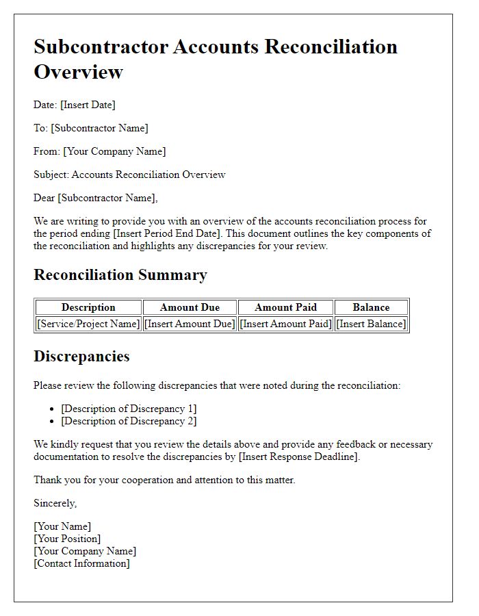 Letter template of subcontractor accounts reconciliation overview