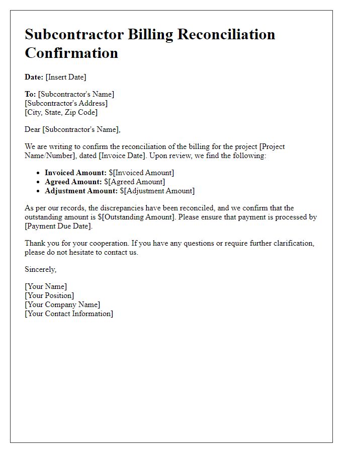 Letter template of subcontractor billing reconciliation confirmation