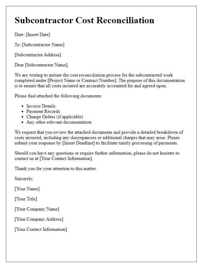 Letter template of subcontractor cost reconciliation documentation