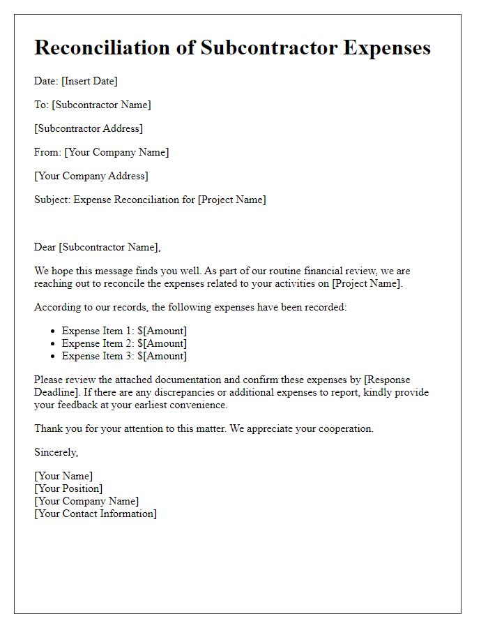 Letter template of subcontractor expense reconciliation correspondence