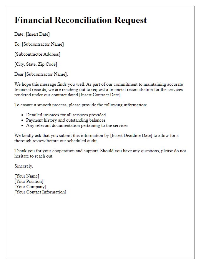 Letter template of subcontractor financial reconciliation request