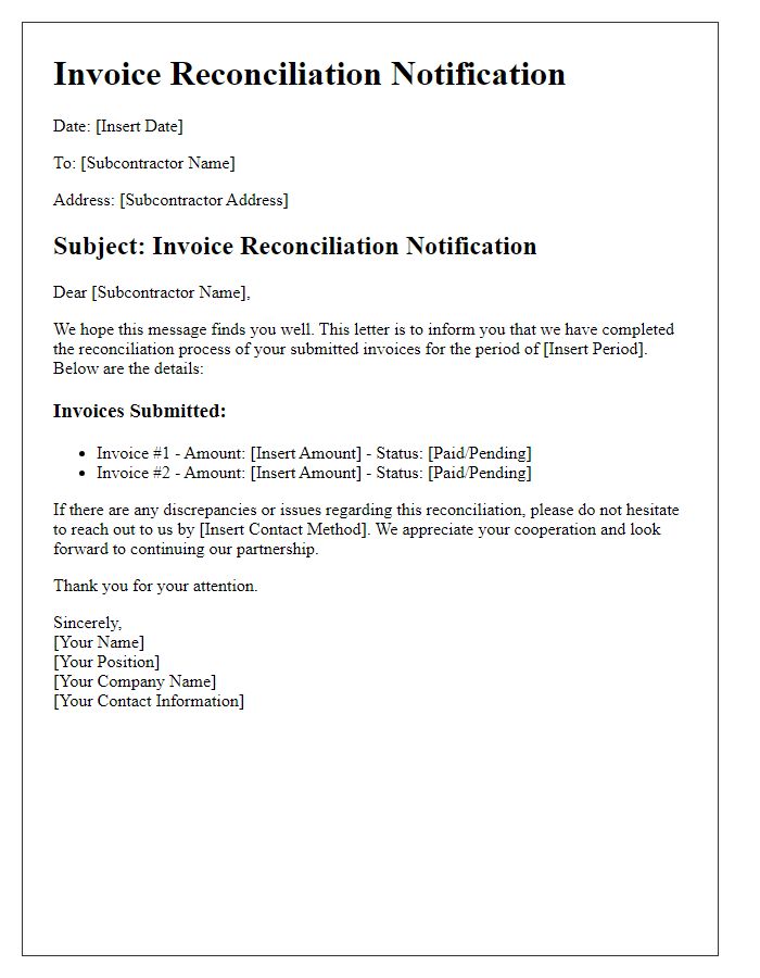 Letter template of subcontractor invoice reconciliation notification