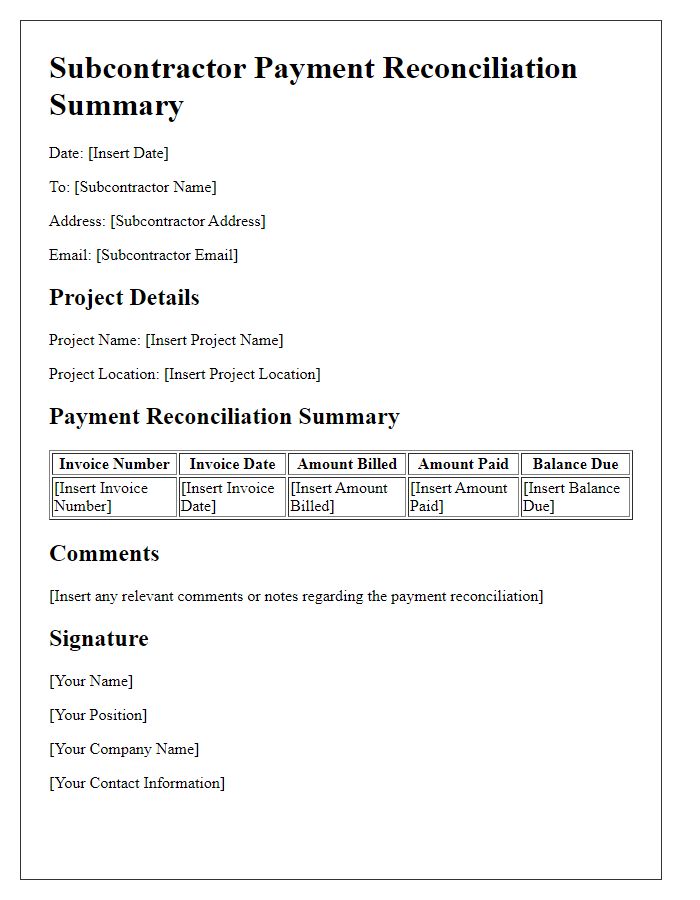 Letter template of subcontractor payment reconciliation summary