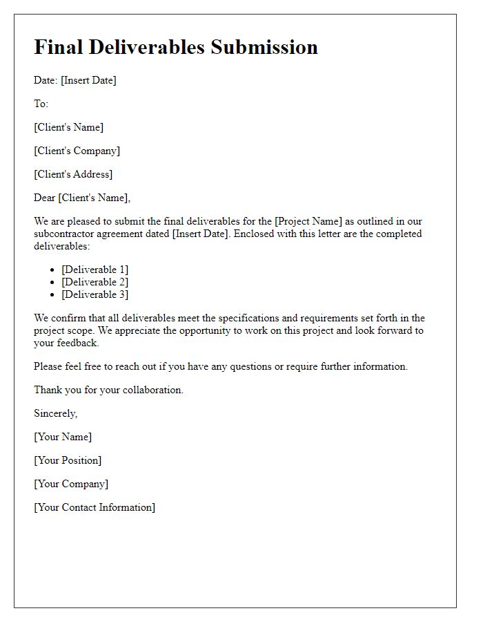 Letter template of subcontractor final deliverables submission